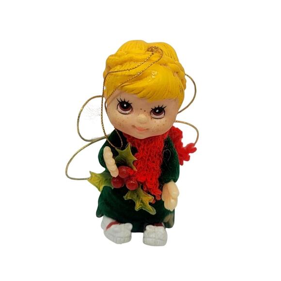 Vintage Pixie Face Elf Angel Morgan Merrie Christmas Ornament Felt Holly Scarf - Picture 5 of 6